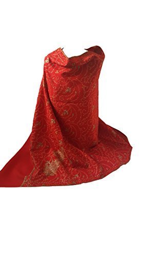 Exclusive Designer Women's Ladies Fine Wool Hand Embroidered Needle Work Shawl Scarf Wrap Occasion Bridal Party Wear (Strawberry Red - Paisley Floral)
