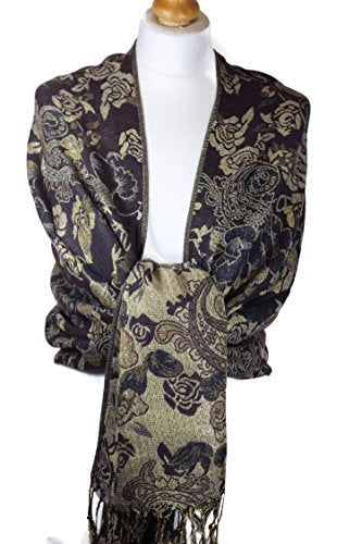 World of Shawls UK Seller Designer Jamawar Ladies Chocolate Brown And Gold Scarf Stole Wrap Shawl. Reversible Floral Paisley Design Pashmina. Luxurious and Warm.