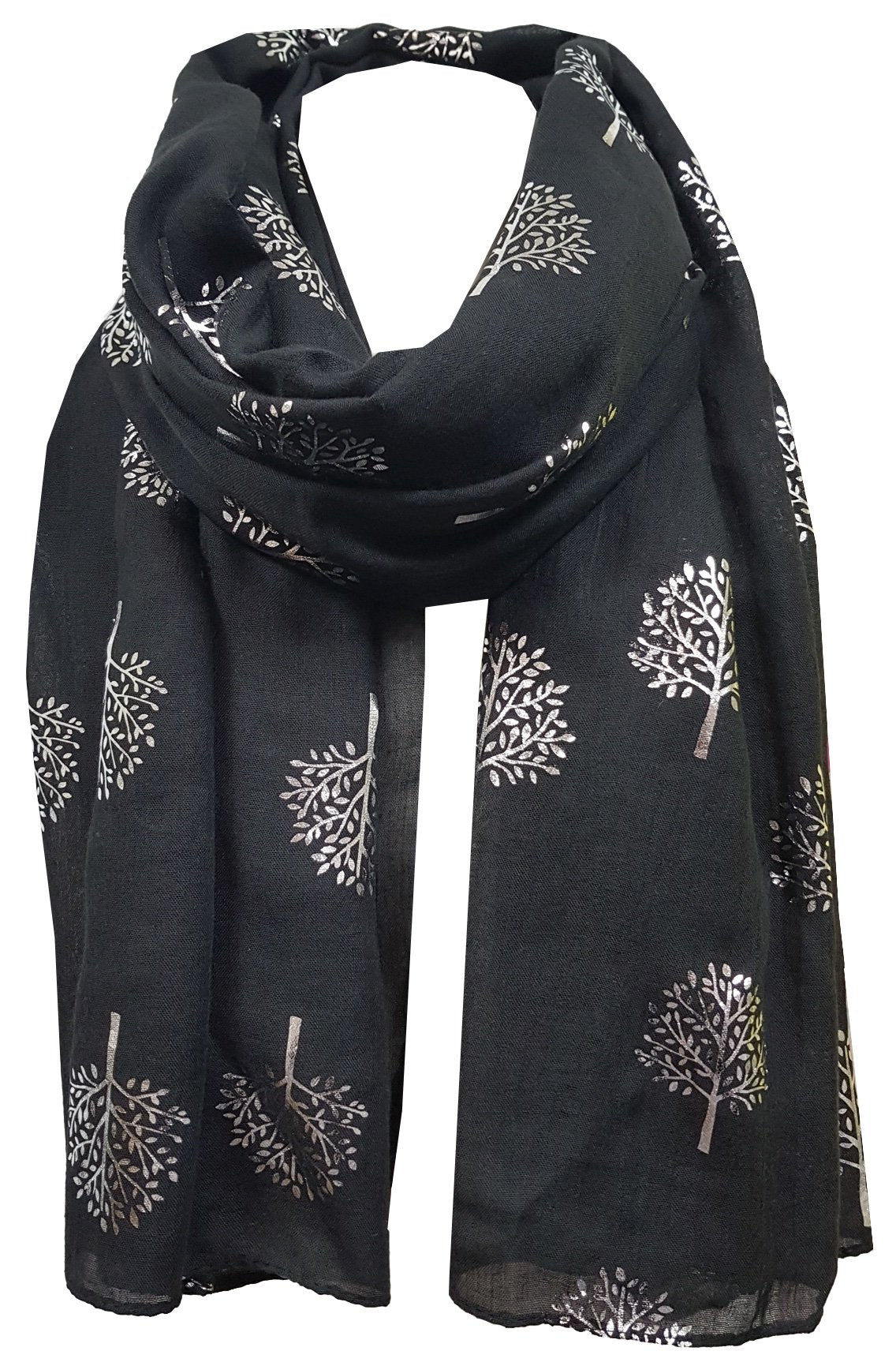 World of Shawls Silver Foil Mulberry Tree Print Fashion Scarf