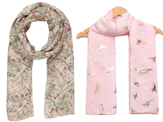 Christmas Bonanza Pack of 2 Scarves Wrap Shawl Scarf for Women Ladies (Robin Cream & Foil Fairy Baby Pink, 2)