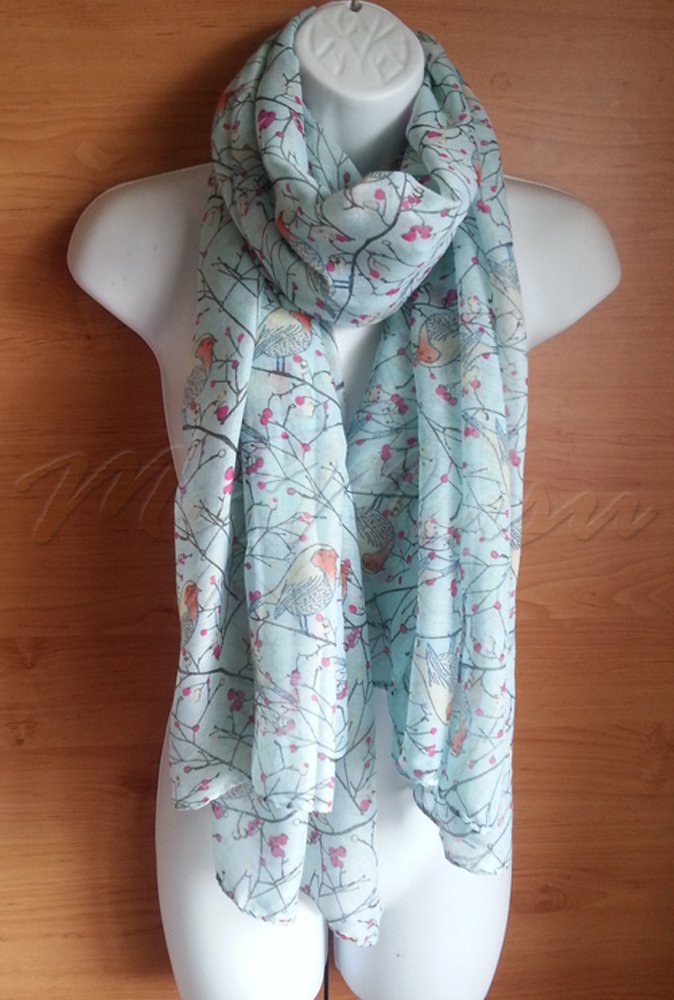 MyMusu Christmas Robin Bird Scarf Ladies Multi Way Large Soft Wrap (Aqua)