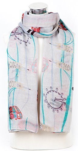 World of Shawls London Souvenir Fashion Big Ben And Bus Print Scarf Wrap Shawl Sarong Light Silver