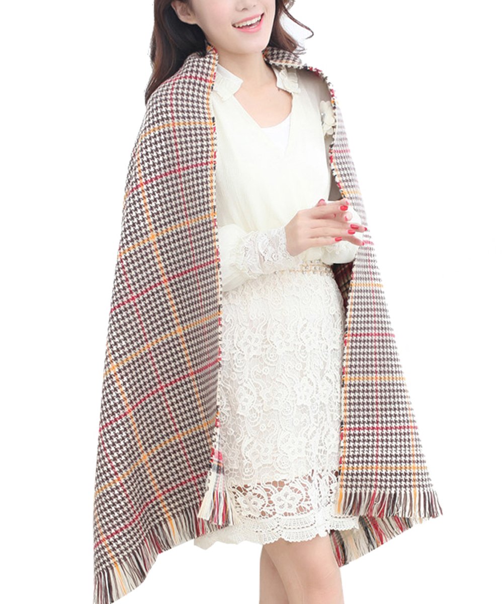 ISASSY Women's Ladies Vintage Wraps scarf scarves Elegant Tartan Plaid scarf Shawl (One size, V-Beige)