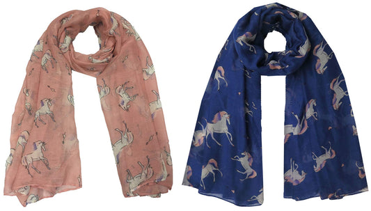 Christmas Bonanza Pack of 2 Scarves Wrap Shawl Scarf for Women Ladies (Unicorn Horse - Navy & Peach, 2)