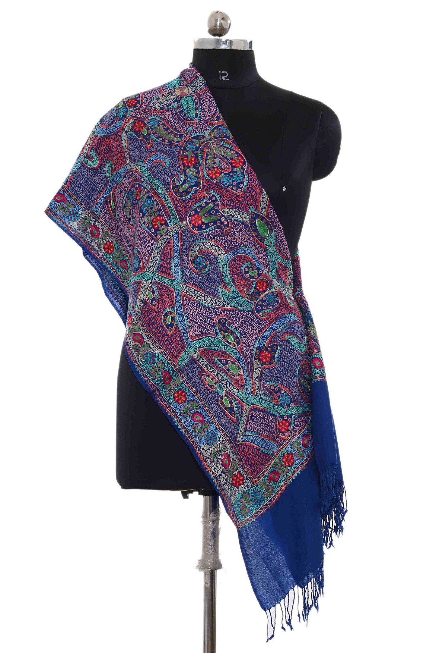 Exclusive Range Women's Ladies Royal Blue 100% Wool Pashmina Hand Embroidery Luxuriously Warm and Super Soft Shawl Scarf Wrap Stole