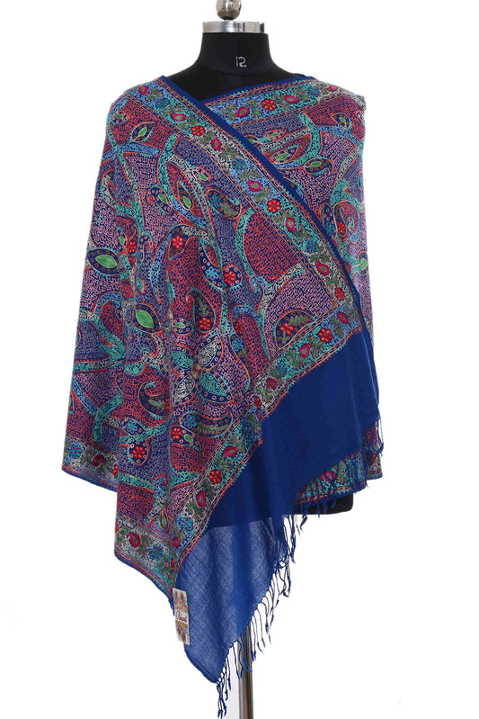 Exclusive Range Women's Ladies Royal Blue 100% Wool Pashmina Hand Embroidery Luxuriously Warm and Super Soft Shawl Scarf Wrap Stole