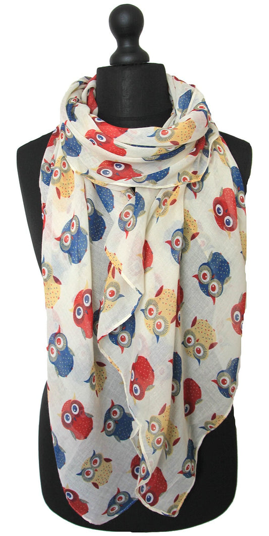 Owls Print Design All Season Lightweight Soft Scarves for Women (White cream)