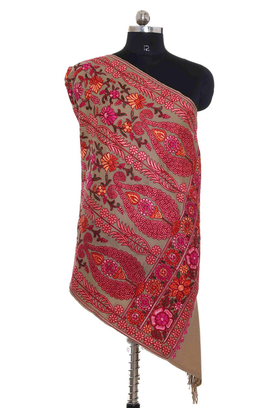 Exclusive Range Women's Ladies Beige 100% Wool Pashmina Embroidery Luxuriously Warm and Super Soft Shawl Scarf Wrap Stole