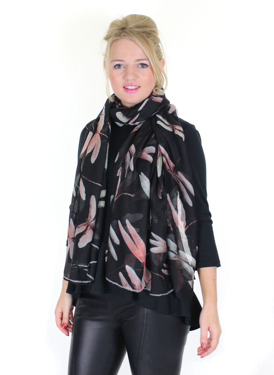 Colourful Large Dragonfly Printed Ladies Fashion Scarf (Black)