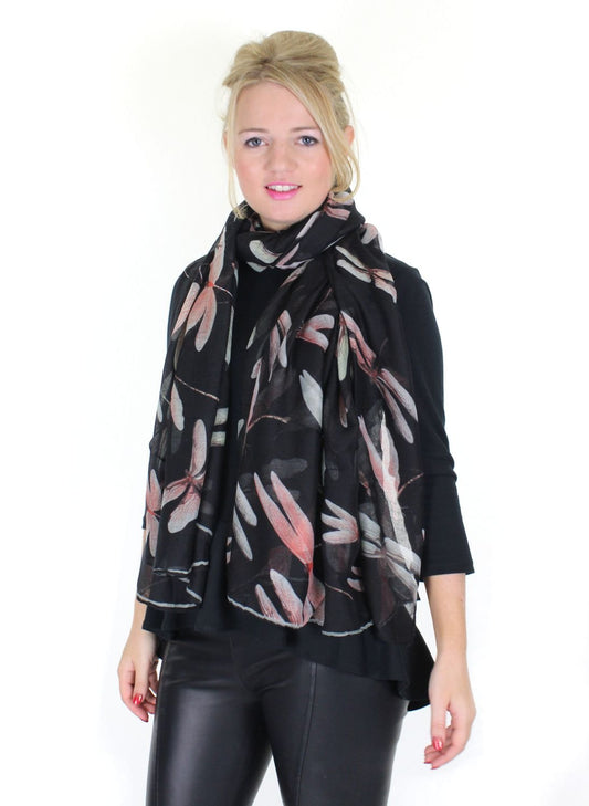 Colourful Large Dragonfly Printed Ladies Fashion Scarf (Black)