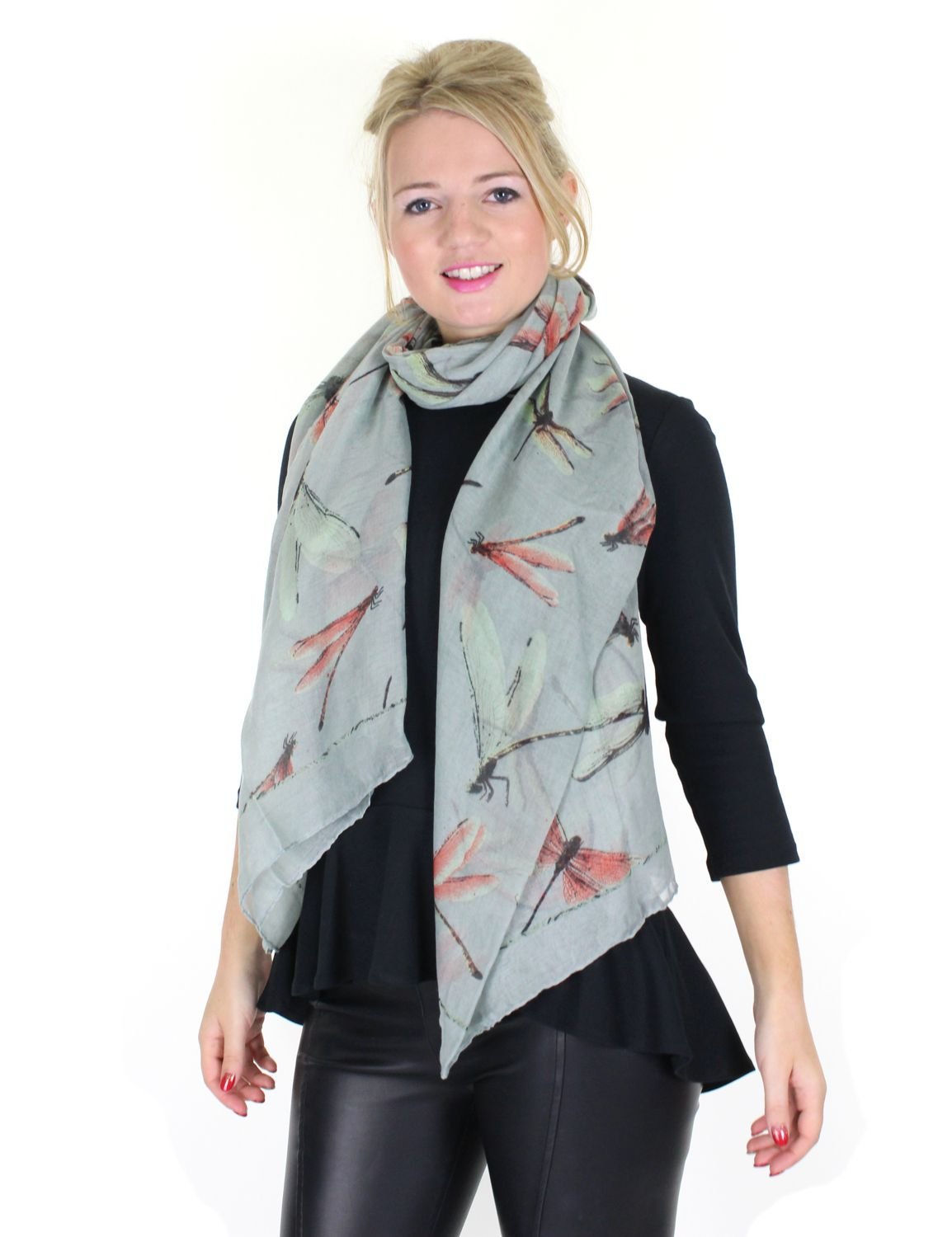 Colourful Large Dragonfly Printed Ladies Fashion Scarf (Silver)