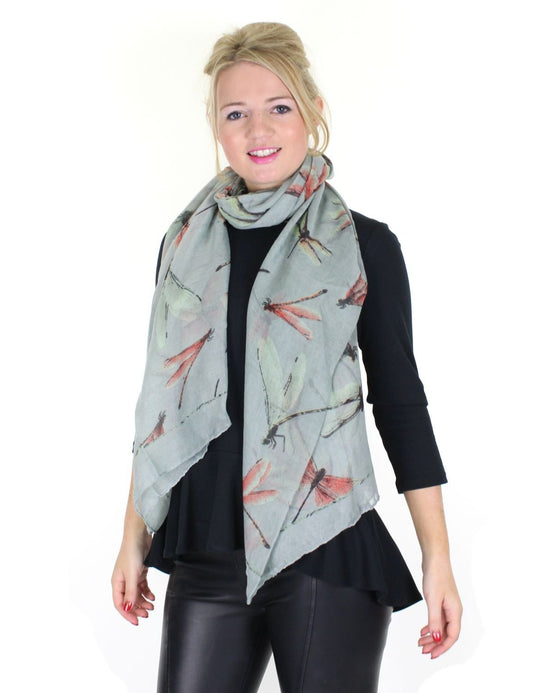 Colourful Large Dragonfly Printed Ladies Fashion Scarf (Silver)