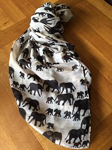 Ladies Scarf Large - Elephant Print - Ivory / Black