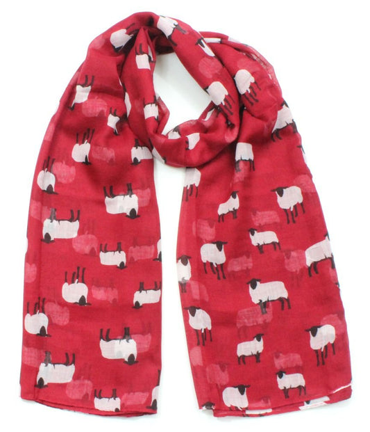 Sheep Print Ladies Fashion Scarf with Daisy Pendant Gift (Red)