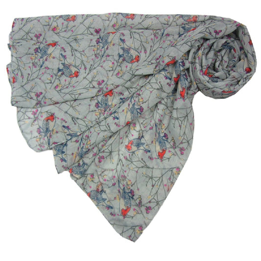 Grey 'Christmas Robin' Bird Design Print Ladies Fashion Scarf