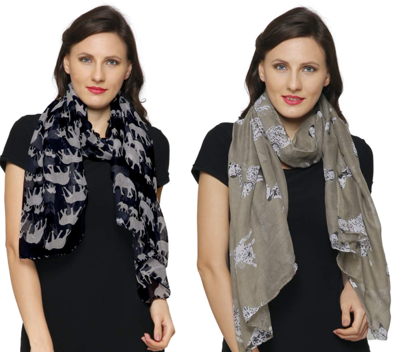 Christmas Bonanza Pack of 2 Scarves Wrap Shawl Scarf for Women Ladies (Black Elephant & Dalmatian Dog Khaki, 2)