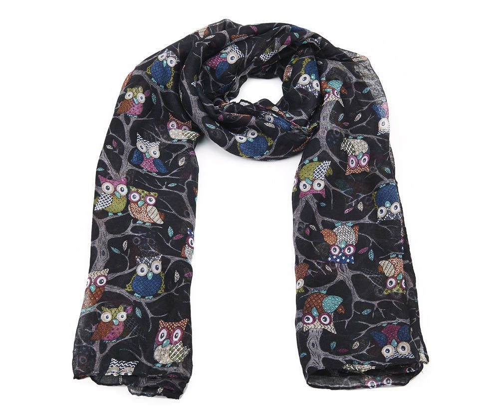 LADIES OWL PRINT LONG SCARF NECK SCARVES WINTER GIFTS CHRISTMAS 5 COLOURS (Black)