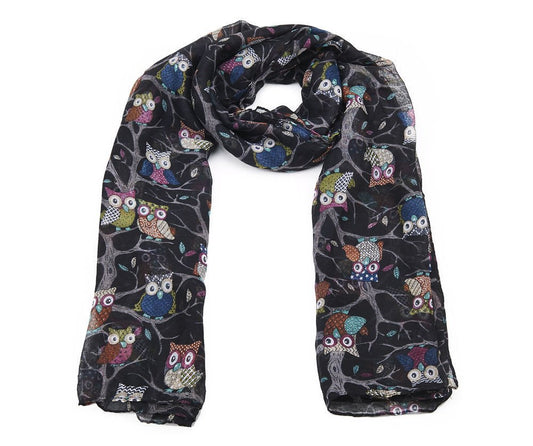LADIES OWL PRINT LONG SCARF NECK SCARVES WINTER GIFTS CHRISTMAS 5 COLOURS (Black)