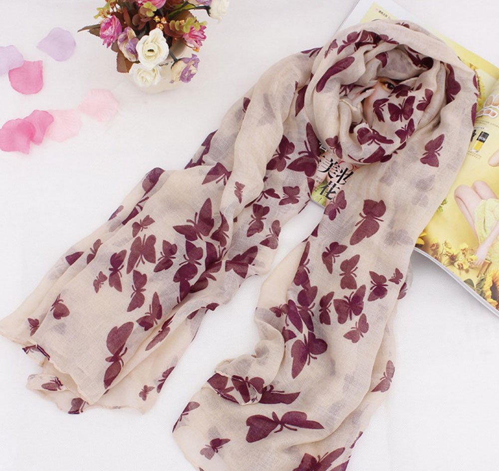 Leegoal(TM) Charming Elegant Lady Butterfly Print Soft Long Scarf Wrap Shawl,Beige