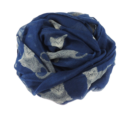 Ladies Gorgeous Soft Sitting Kitty Cat Print Big Day Fashion Scarf Shawl Navy