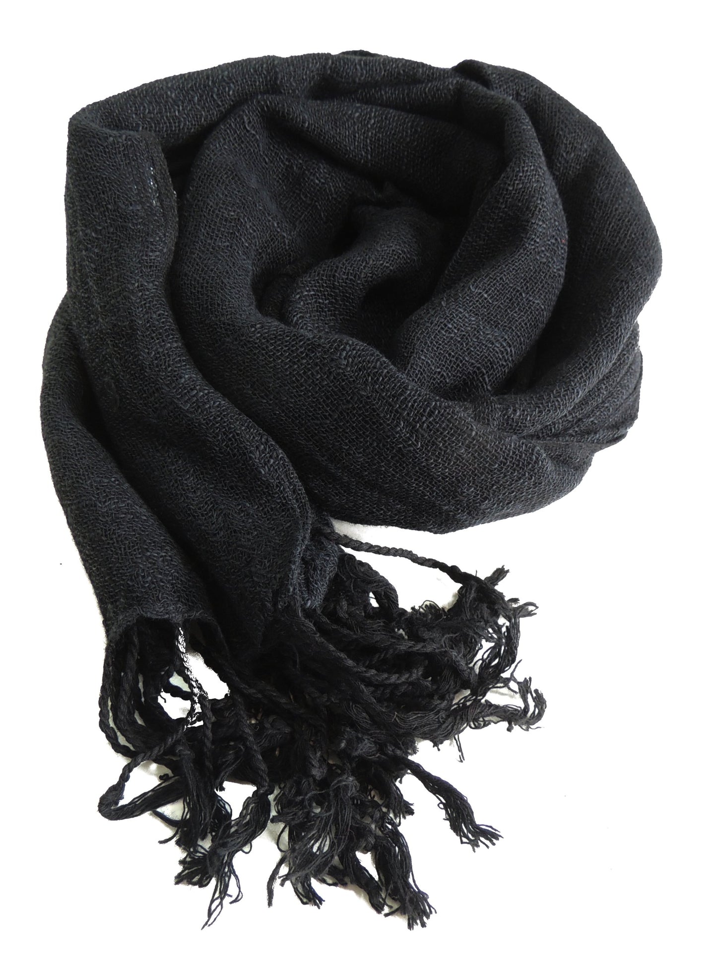 Ladies 100% Cotton Block Colour Linen Look Scarf Tassels Black Christmas Stocking Filler Gift Idea