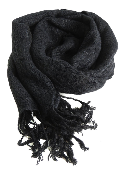 Ladies 100% Cotton Block Colour Linen Look Scarf Tassels Black Christmas Stocking Filler Gift Idea