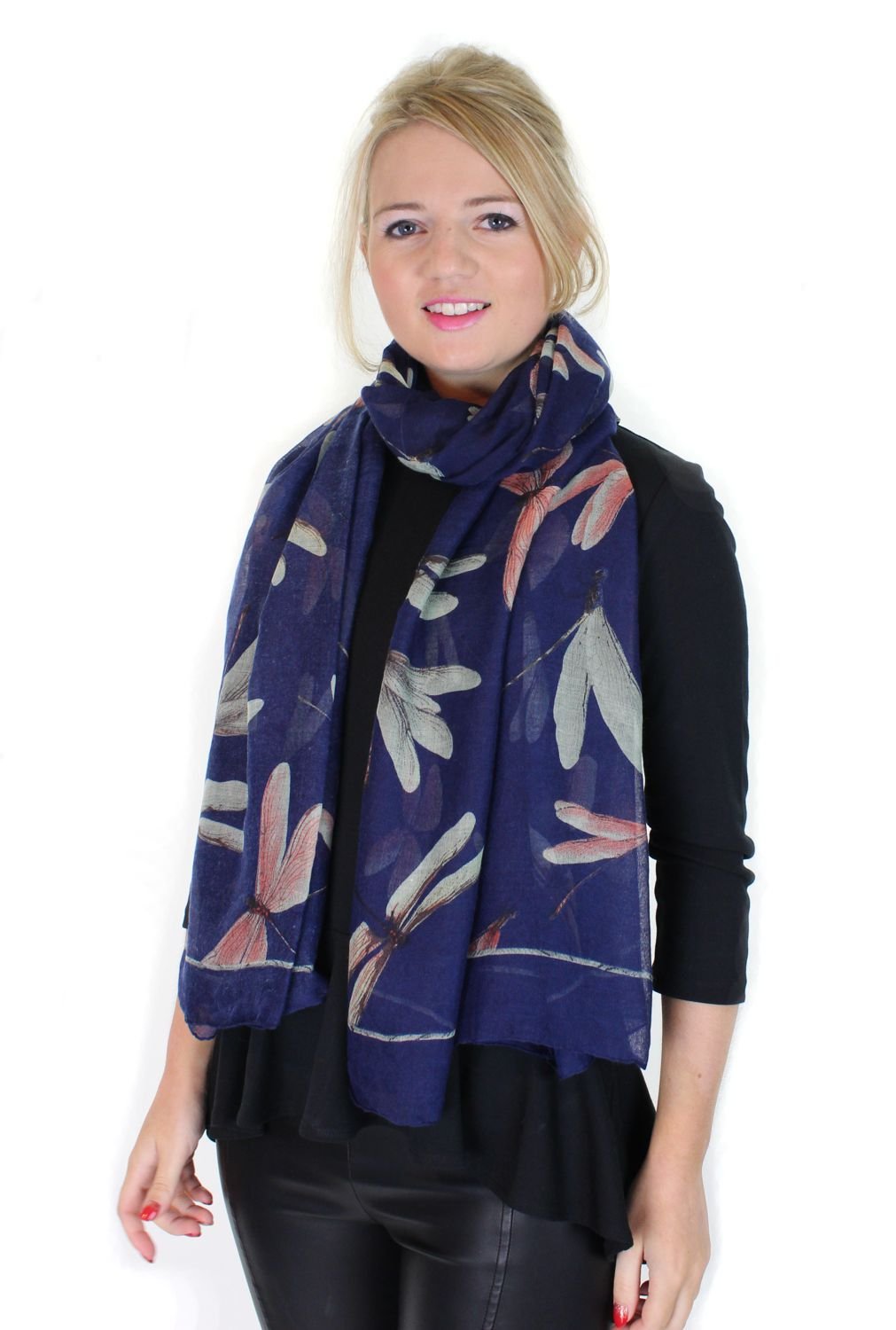 Colourful Large Dragonfly Printed Ladies Fashion Scarf (Navy)