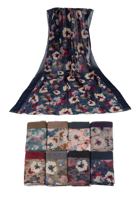 UK Seller!!! NEW Gorgeous Ladies Floral Print with Border Scarf Scarves Stole Wrap Stone/Grey