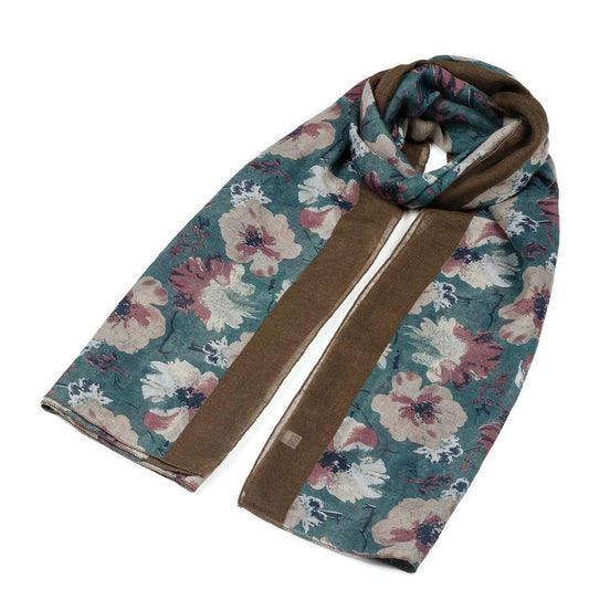 UK Seller NEW Gorgeous Ladies Floral Print Design Scarf Stole Wrap Teal Green and Brown Border