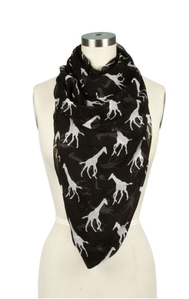 Giraffe Print Soft Celebrity Scarf Animal Fashion Large Long Shawl Scarves Available in Red Black Pink Yellow and Grey (Black)