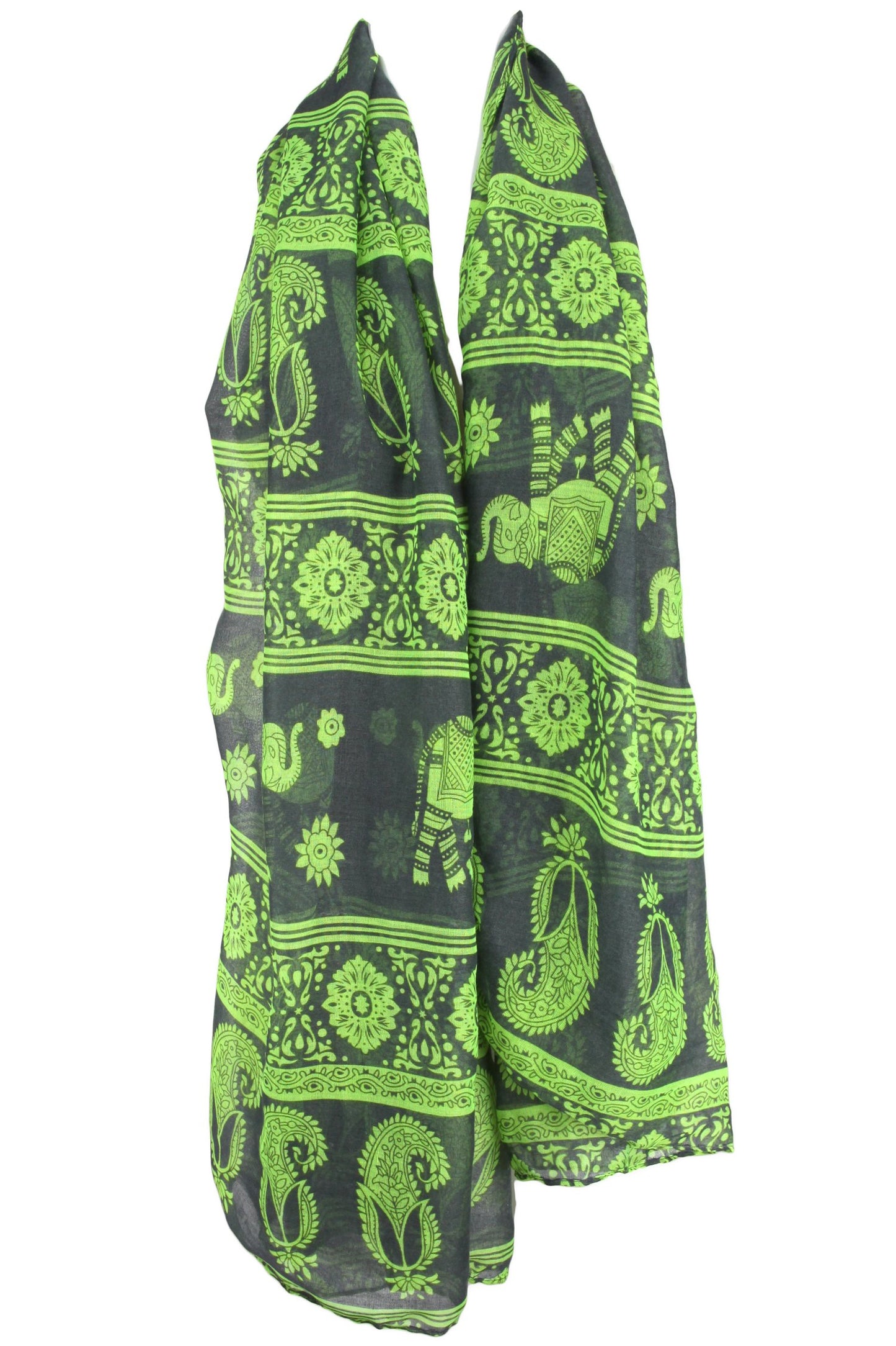 Evolatree - Large Rectangular Shawl Scarf Sarong - Paisley - Gray & Neon Yellow - 74" x 38"