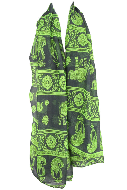 Evolatree - Large Rectangular Shawl Scarf Sarong - Paisley - Gray & Neon Yellow - 74" x 38"
