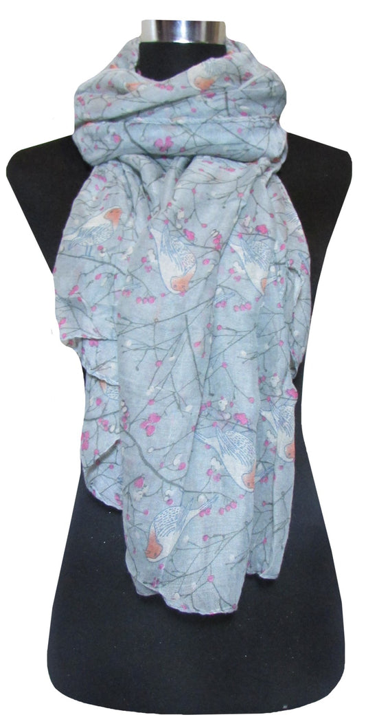 Grey Robin Print Lightweight Scarf