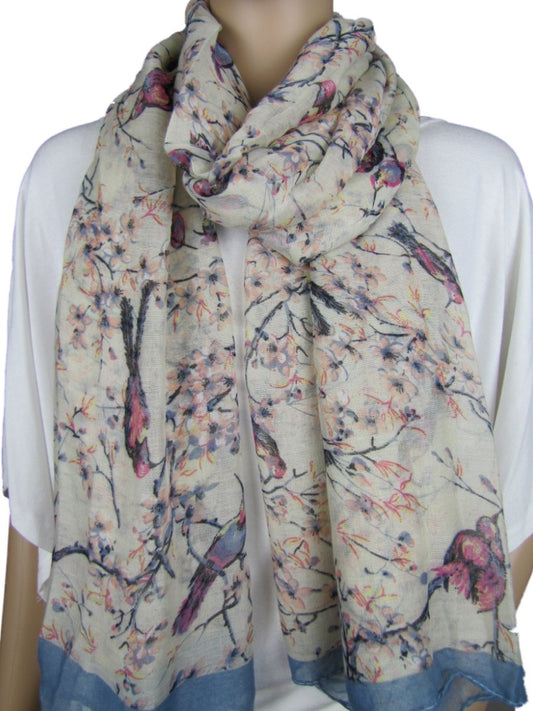 Large Japanese Vintage Style Bird Cherry Blossom Tree Print Scarf Wrap Hijab Shawl (Cream)