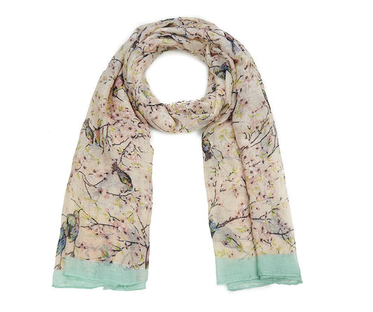 Vintage Style Large Scarf with Bird and Floral Blossom Print, Floaty Light Wrap Shawl