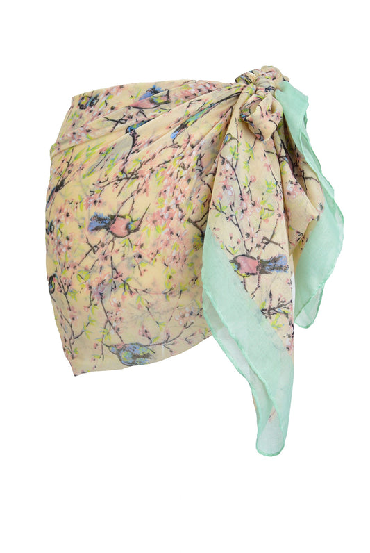 Pink Japanese Cherry Blossom & Bird Print Sarong Beach Pool Cover Up Holiday Resort Wear Paero Free Size