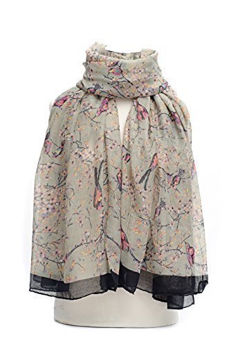 World of Shawls Silver Japanese Bird And Floral Print Scarf Maxi Sarong Wrap