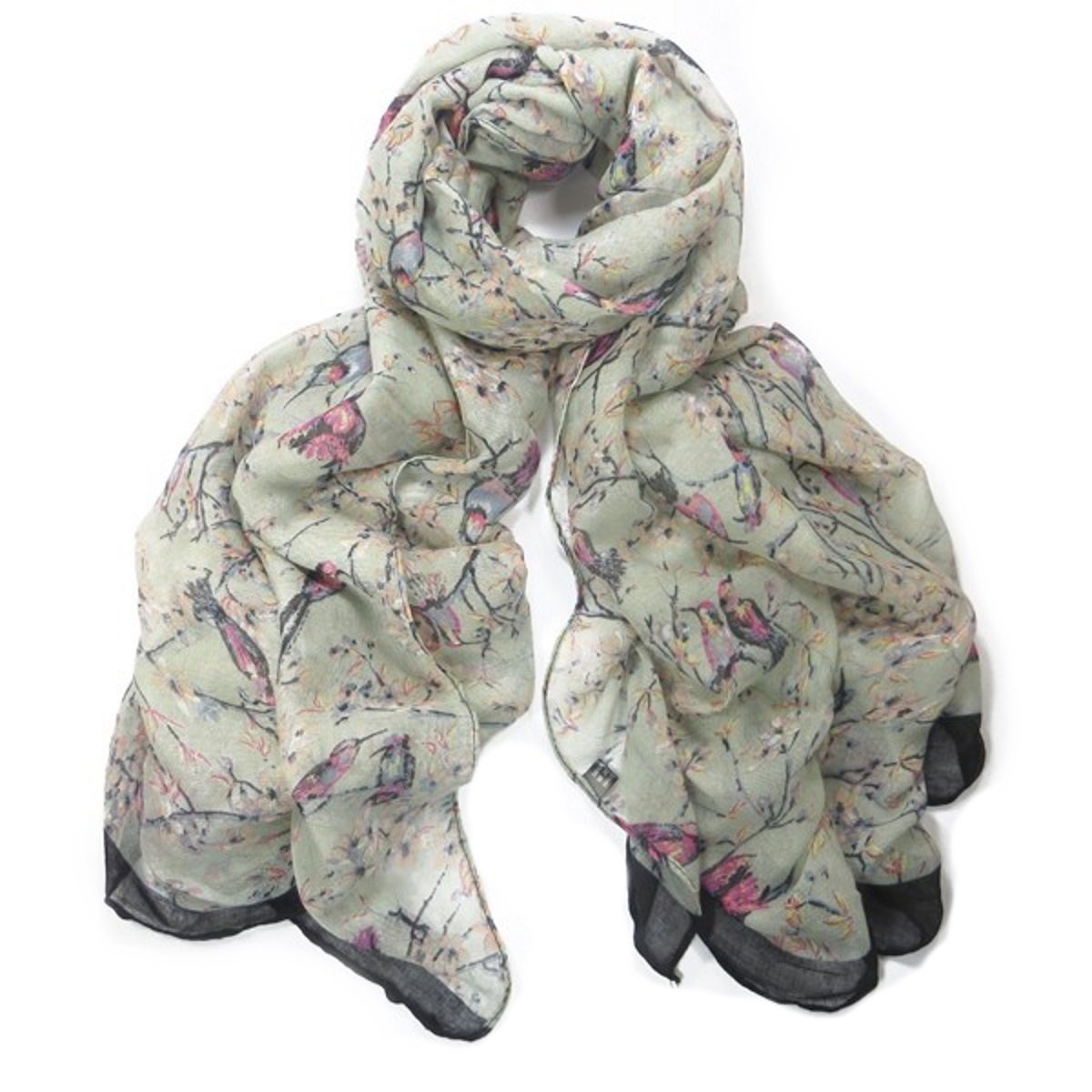 Large Japanese Vintage Style Bird Cherry Blossom Tree Print Scarf Wrap Hijab Shawl (Grey)