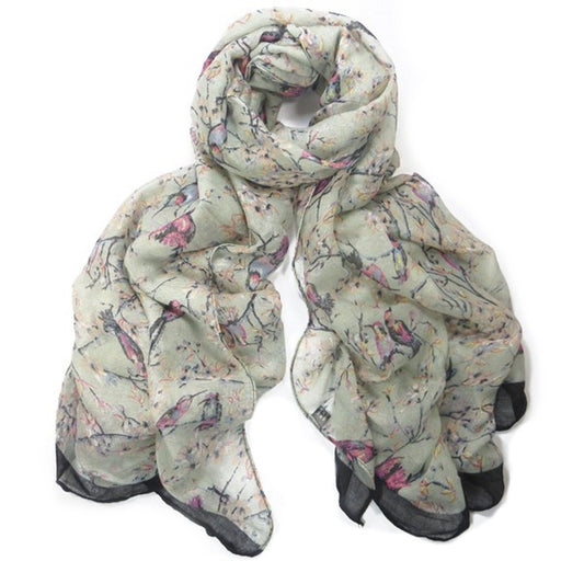 Large Japanese Vintage Style Bird Cherry Blossom Tree Print Scarf Wrap Hijab Shawl (Grey)