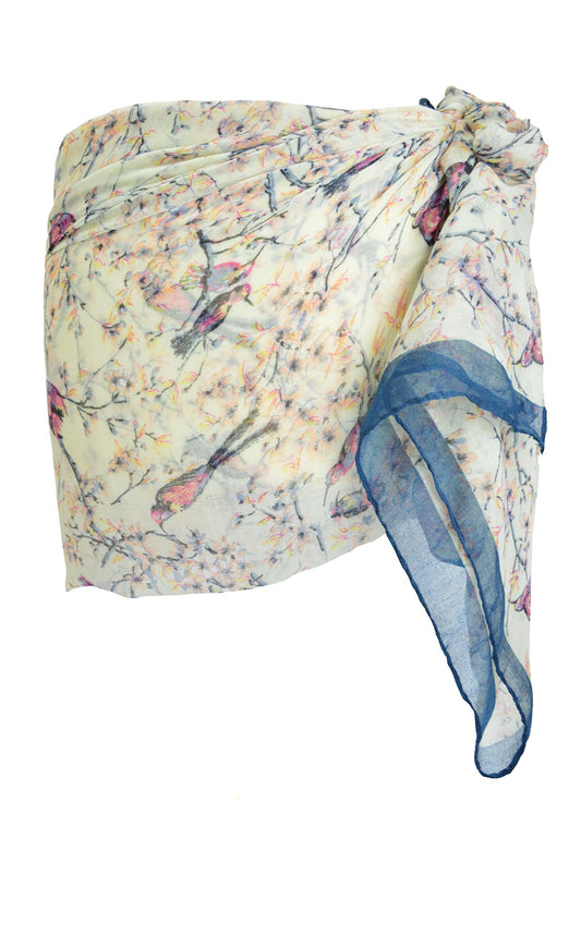 Japanese Cherry Blossom Cream & Print Birds Sarong Holiday Beach Pool Spring Wear Paero One Size