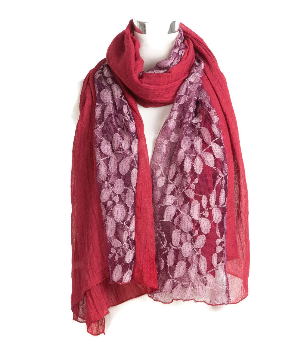 Charming Net Scarf Scarves Stole Wrap Hijab Neck-Wrap Maroon with Mesh Floral Lace for Ladies Womens Girls