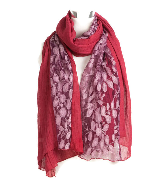 Charming Net Scarf Scarves Stole Wrap Hijab Neck-Wrap Maroon with Mesh Floral Lace for Ladies Womens Girls
