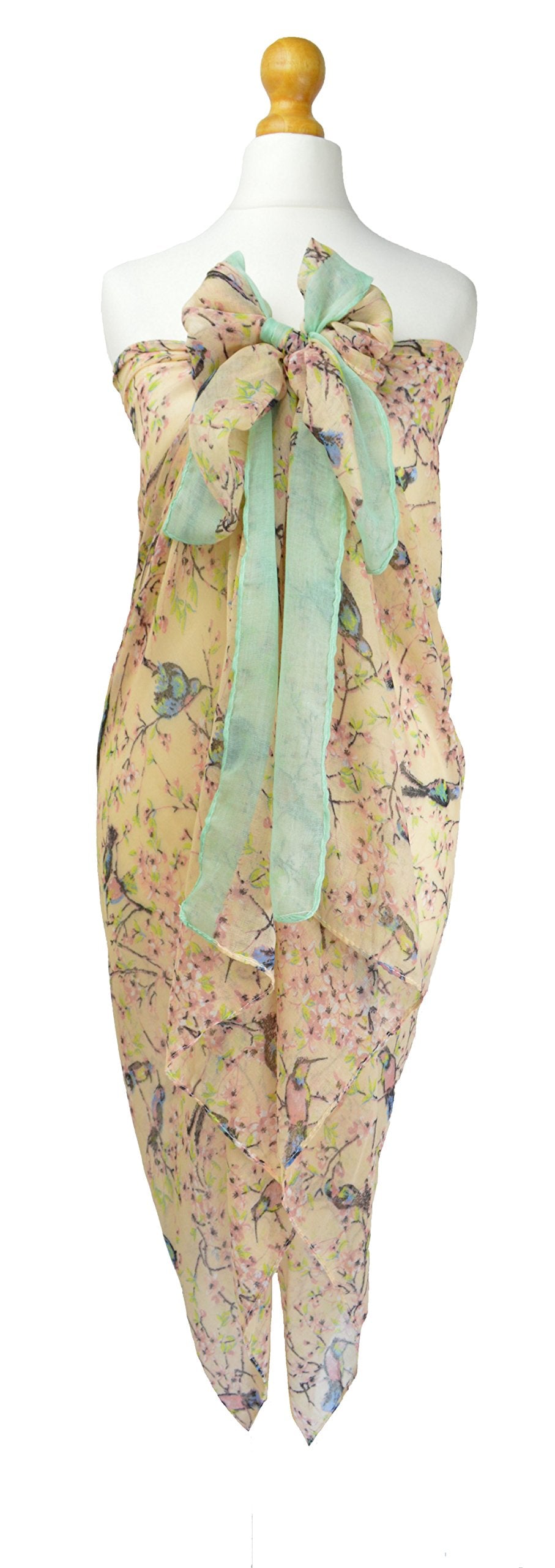 Pink Japanese Cherry Blossom & Bird Print Sarong Beach Pool Cover Up Holiday Resort Wear Paero Free Size