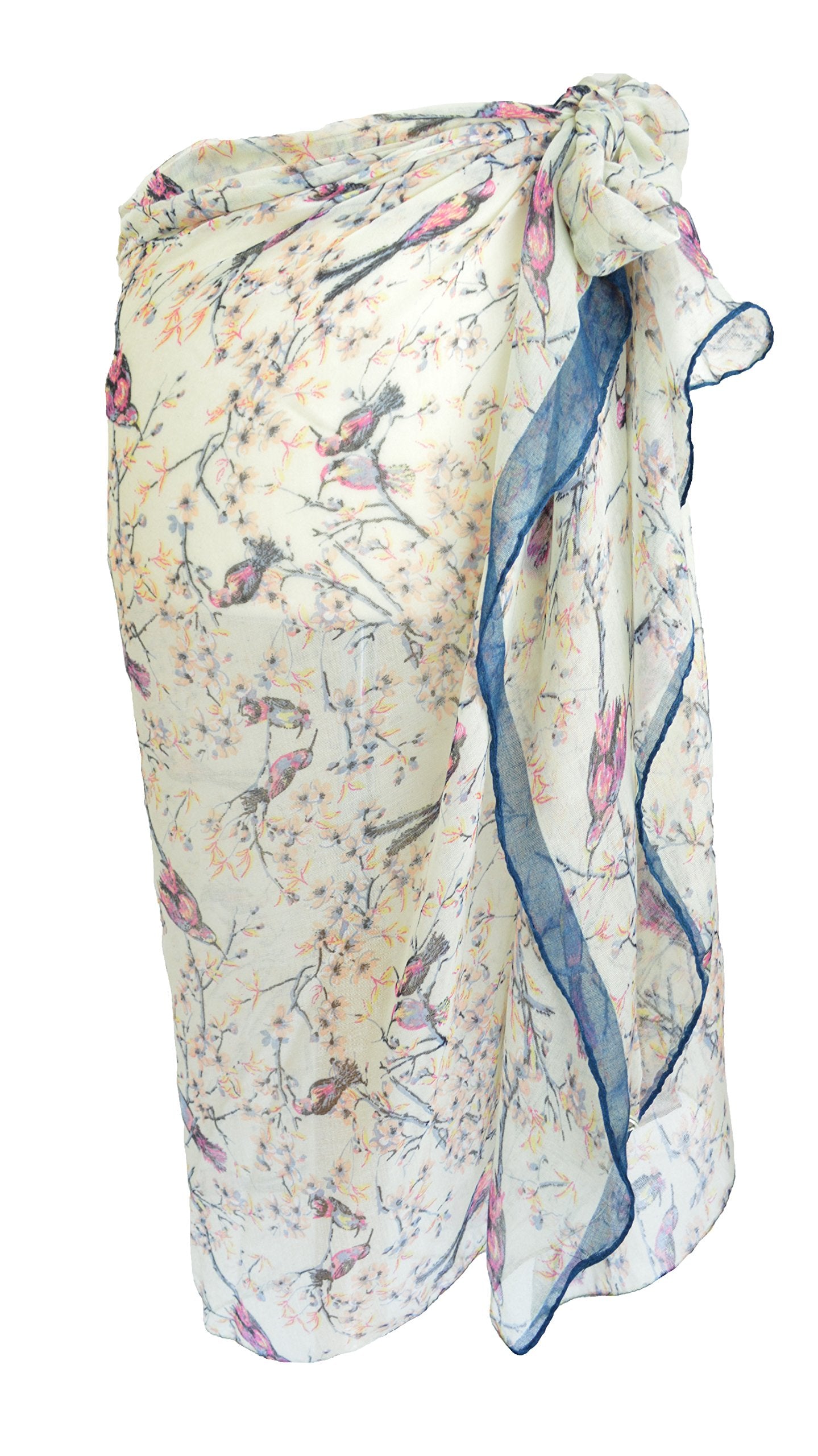 Japanese Cherry Blossom Cream & Print Birds Sarong Holiday Beach Pool Spring Wear Paero One Size