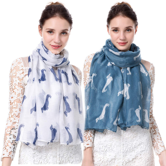 Christmas Bonanza Pack of 2 Scarves Wrap Shawl Scarf for Women Ladies (Dachshund Sausage Dog White & Teal Blue, 2)