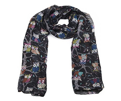 LADIES OWL PRINT LONG SCARF NECK SCARVE WINTER GIFTS CHRISTMAS (Black)