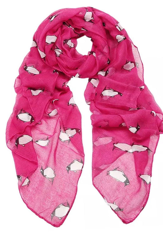 Hot Pink Unusual Cute Penguin Print Lightweight Scarf