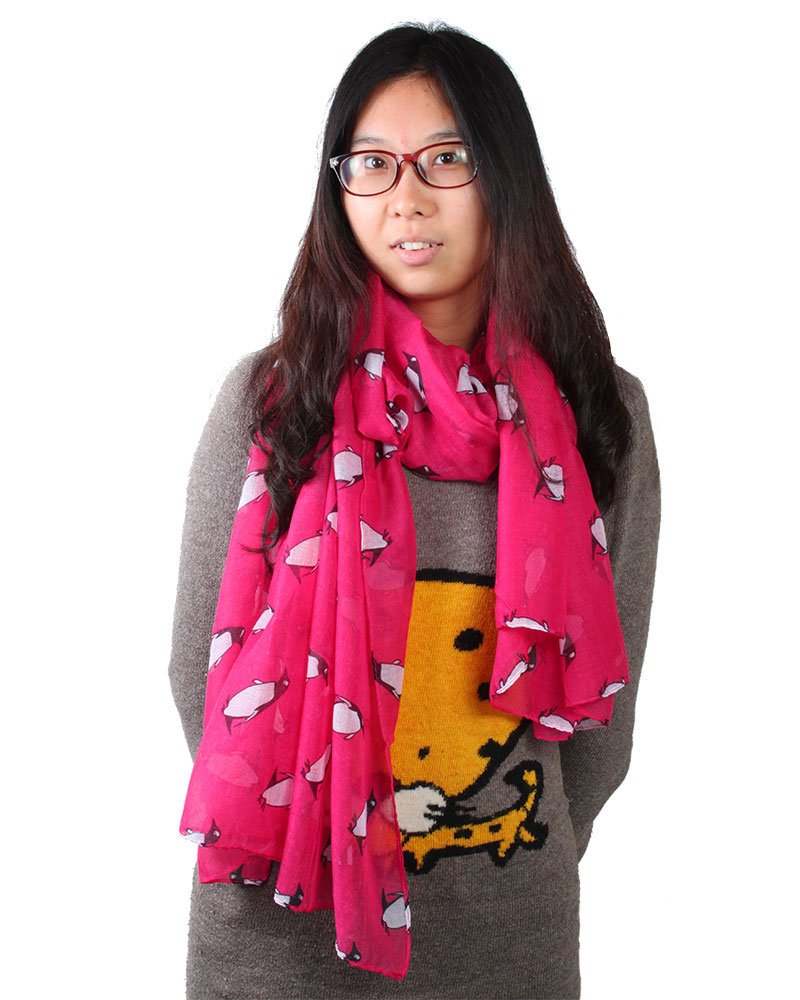 Hot Pink Cute Monty Penguin Print Lightweight Scarf