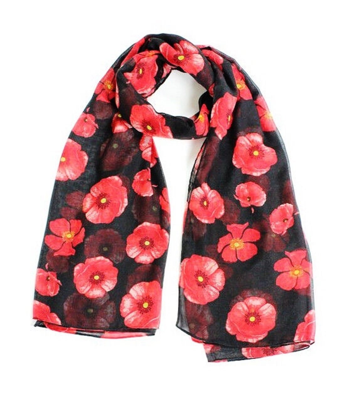 Ladies Over-sized Soft Black Red Poppy Poppies Print Scarf Wrap