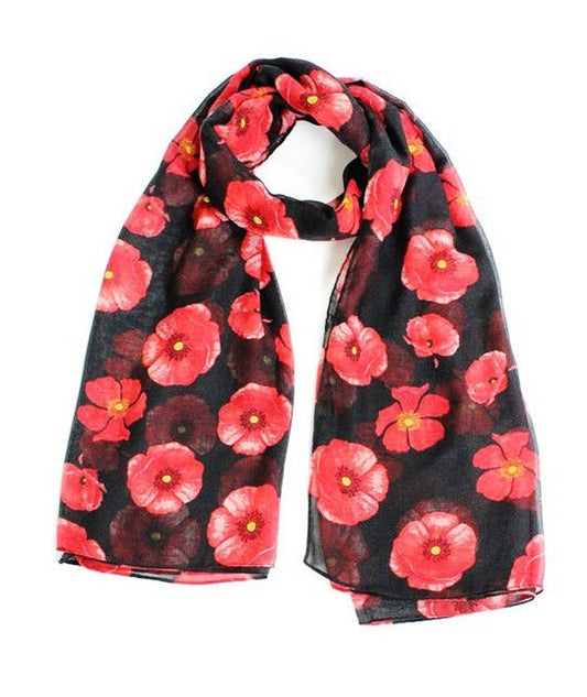Ladies Over-sized Soft Black Red Poppy Poppies Print Scarf Wrap